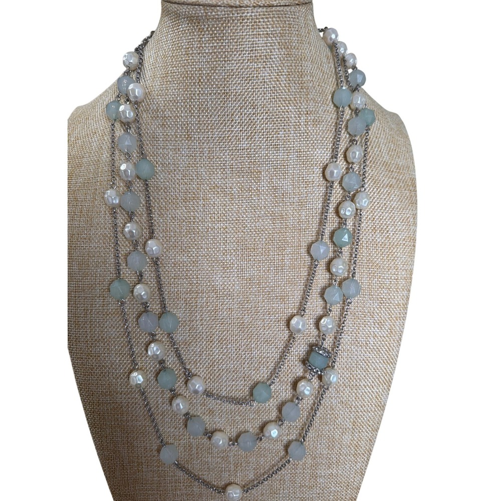 Multi-Strand Faux Pearl Faceted Seafoam Green Bead‎ Tiered Necklace Silver Tone